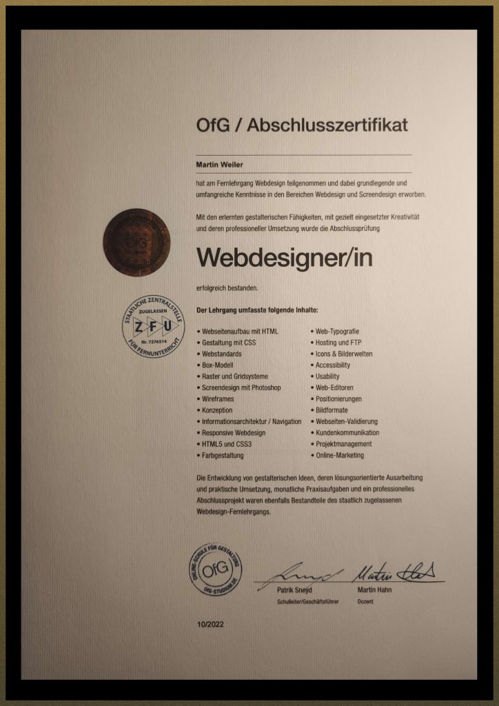 Abschlusszertifikat der OFG für den Lehrgang des Webdesigners